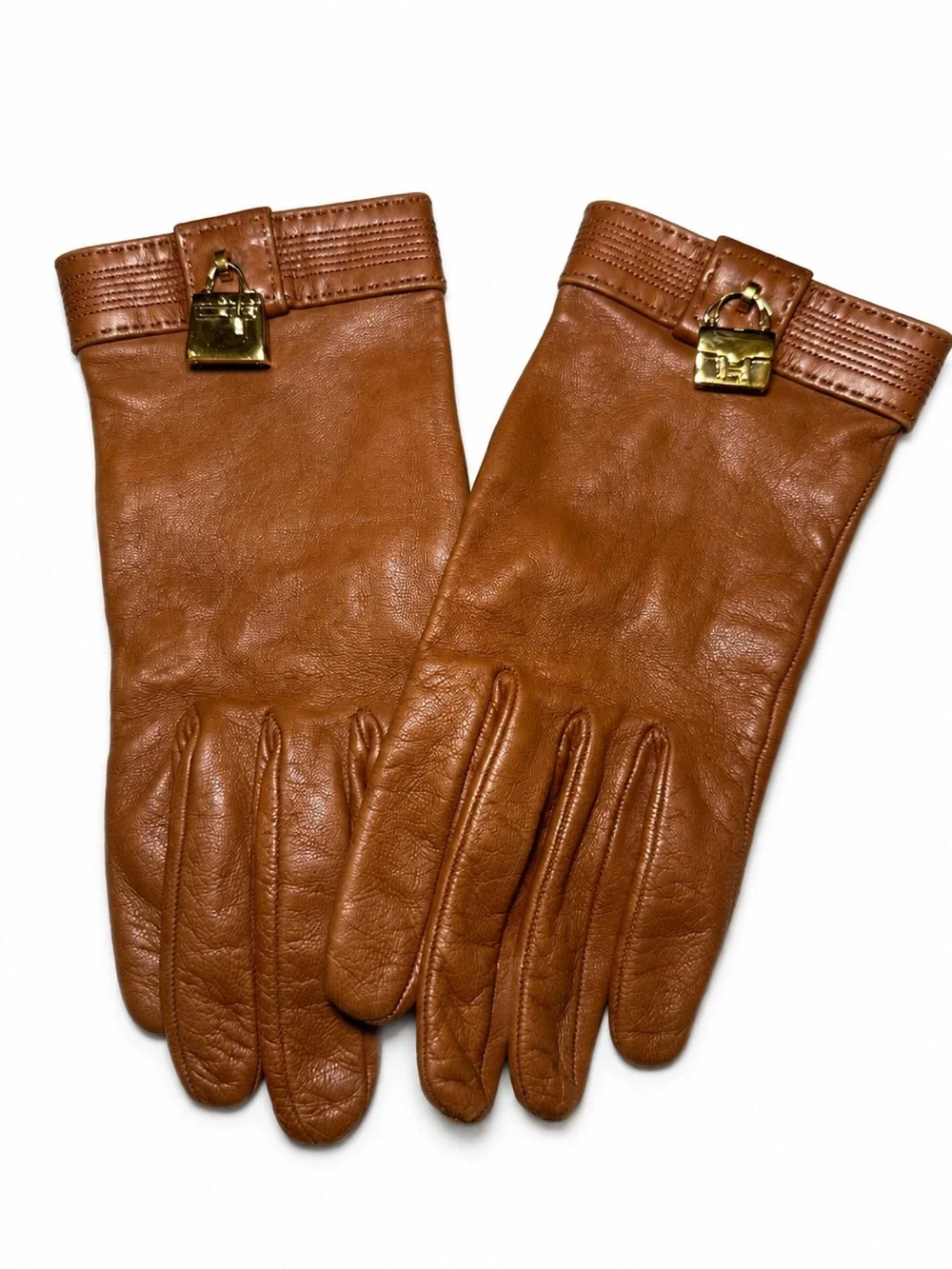 Hermès Kelly Cadenas Leather Gloves Padlock Gold Hardware Tan Brown